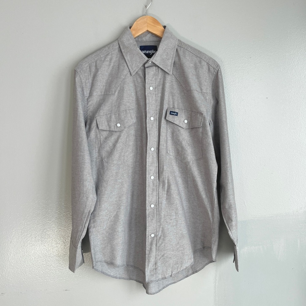 Wrangler Western Shirt Mens M Gray Pearl Snap Long Sleeve Thin Cowboy Workwear